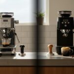 Split image showing unroasted washed coffee beans and dried natural coffee cherries next to two different espresso shots