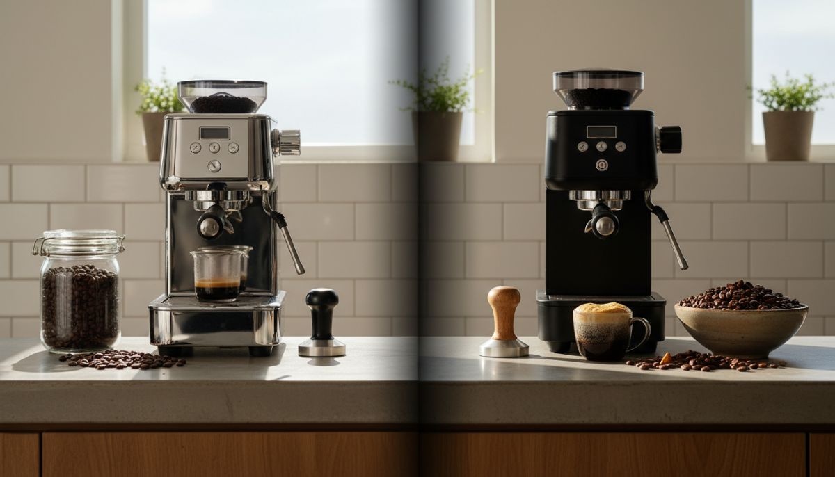 Split image showing unroasted washed coffee beans and dried natural coffee cherries next to two different espresso shots