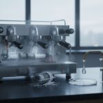 Close up of an espresso machine portafilter with scale buildup contrasted against a glass of crystal clear filtered water.