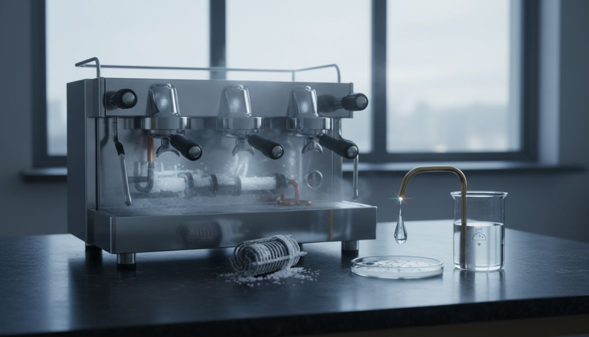 Close up of an espresso machine portafilter with scale buildup contrasted against a glass of crystal clear filtered water.