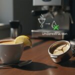 Close up of an espresso shot being pulled into a glass cup with a thin, pale crema indicating underextraction