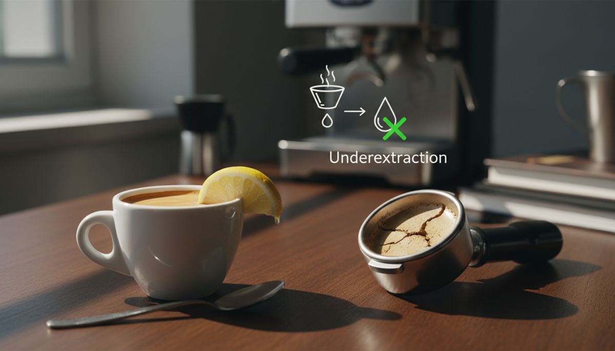 Close up of an espresso shot being pulled into a glass cup with a thin, pale crema indicating underextraction