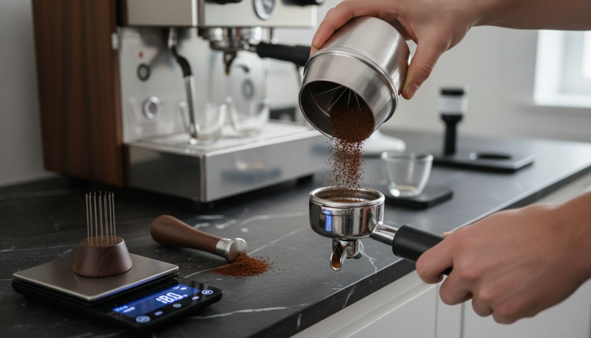 Barista comparing a Weber Workshops Blind Shaker and a WDT tool on a coffee bar with an espresso machine in the background.