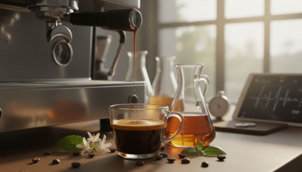 Close up of espresso portafilter dripping slowly during a pre-infusion bloom phase