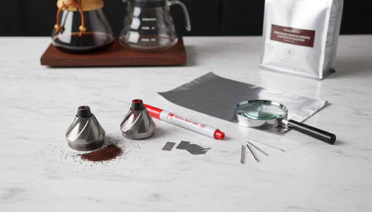 Close-up macro shot of flat coffee grinder burrs with dry erase marker ink partially wiped off, showing a high spot at the 3 o'clock position.