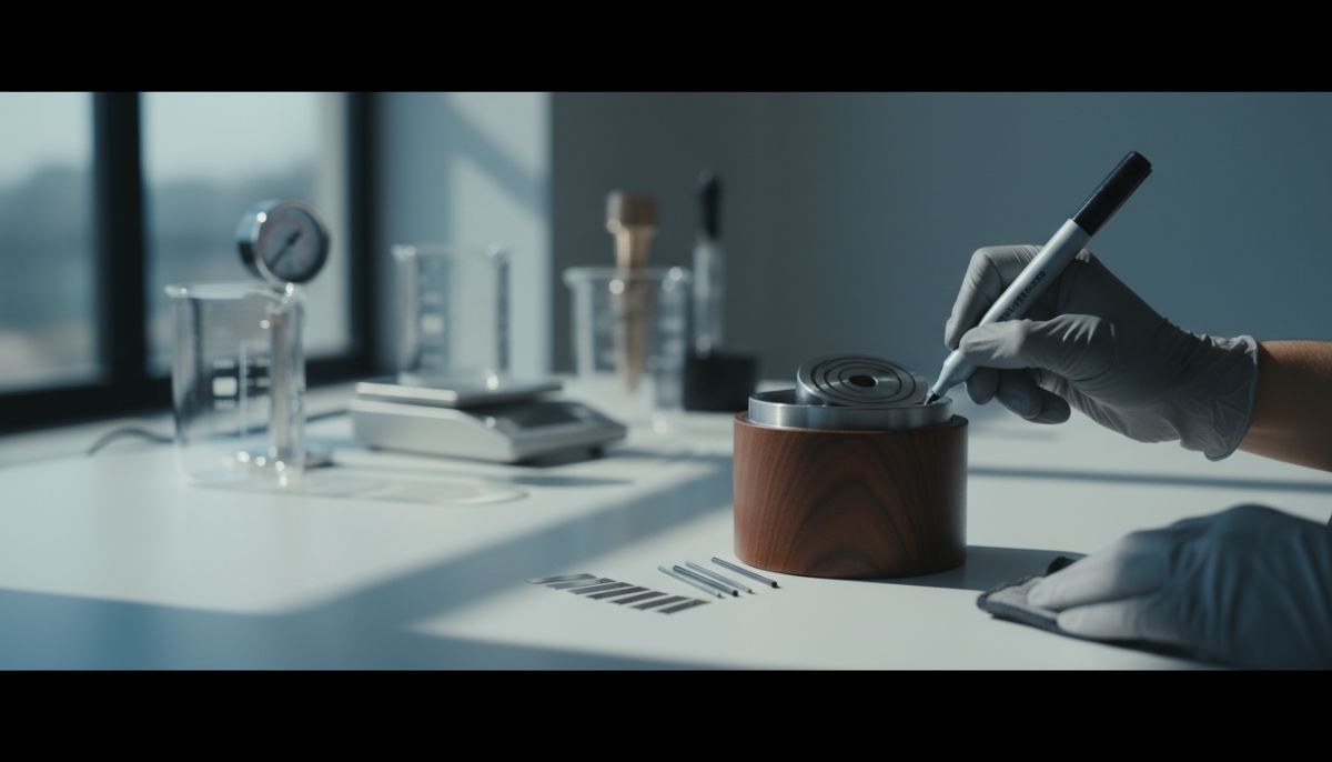 Close-up of flat coffee grinder burrs with a red dry erase marker pattern showing wear for alignment testing