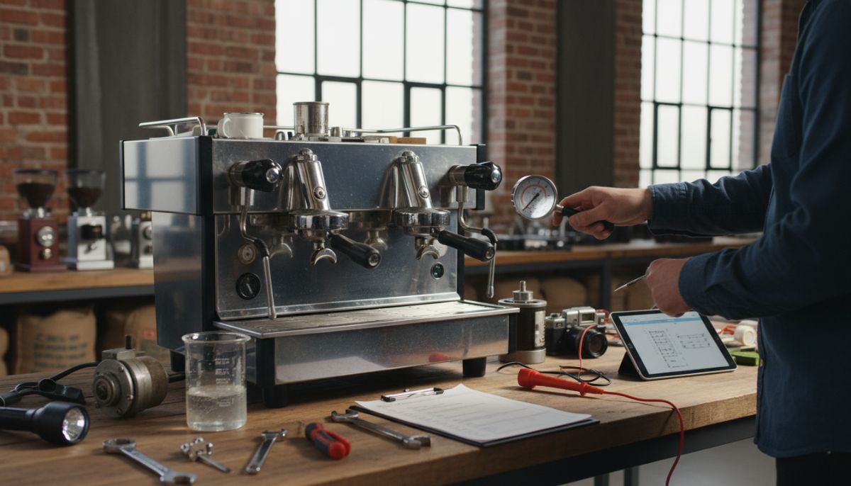 A close-up of a multimeter testing the heating element of an open E61 espresso machine during an inspection.