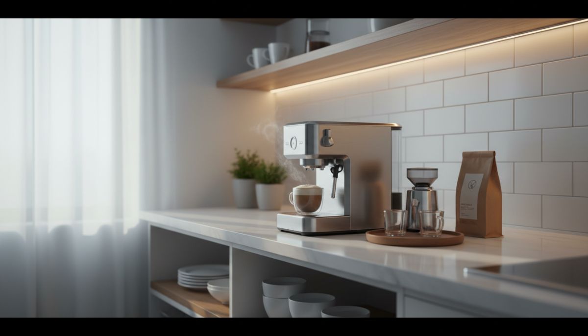 Sleek compact stainless steel espresso machine on a small wooden kitchen counter next to a white cup and minimal accessories