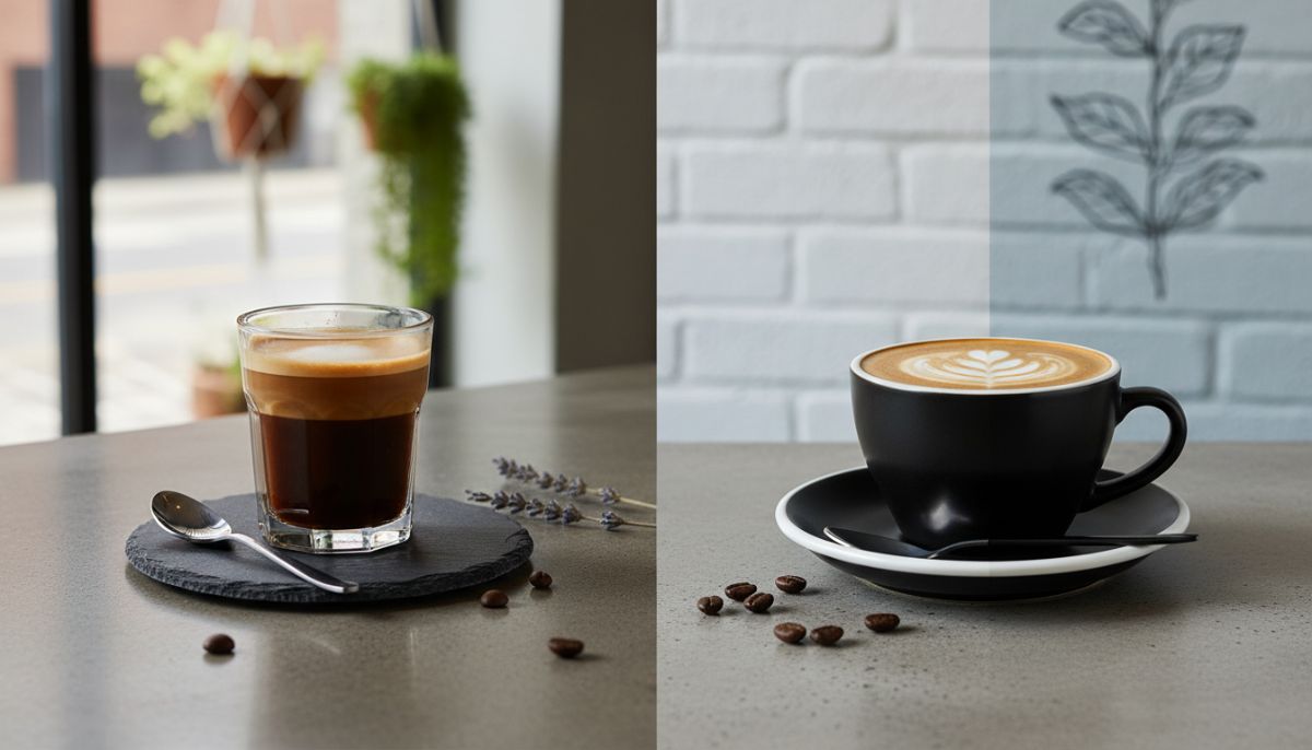 Side-by-side comparison of a Cortado in a glass tumbler and a Flat White in a ceramic cup with latte art