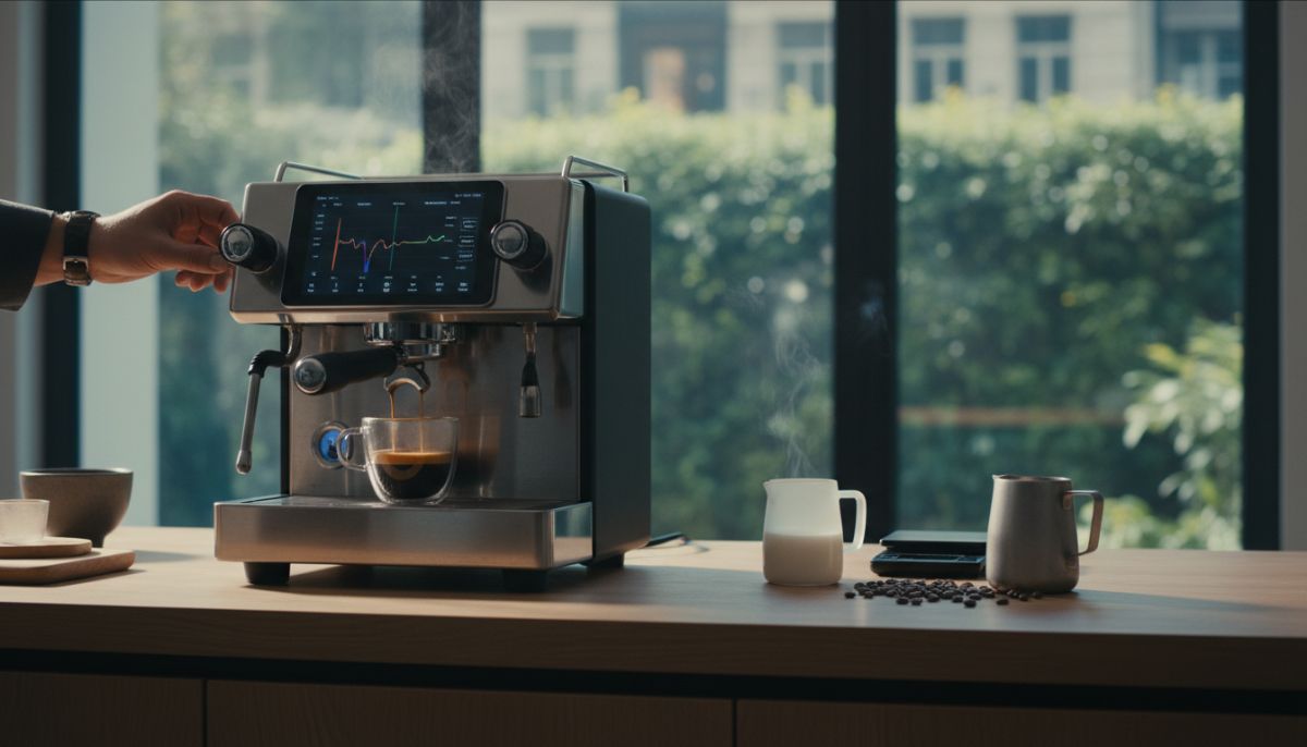 Decent DE1Pro espresso machine on a counter featuring a tablet interface displaying a real-time extraction graph.