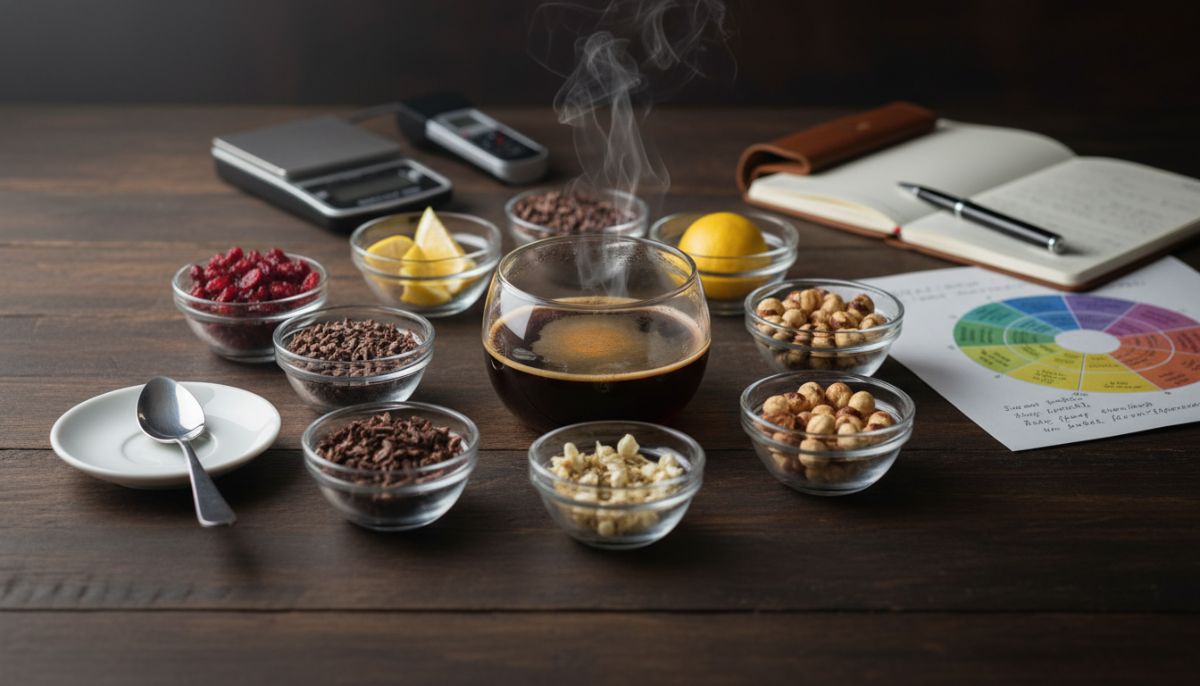 A professional coffee cupping setup featuring the SCA Flavor Wheel, multiple bowls of freshly roasted coffee, and a silver cupping spoon.