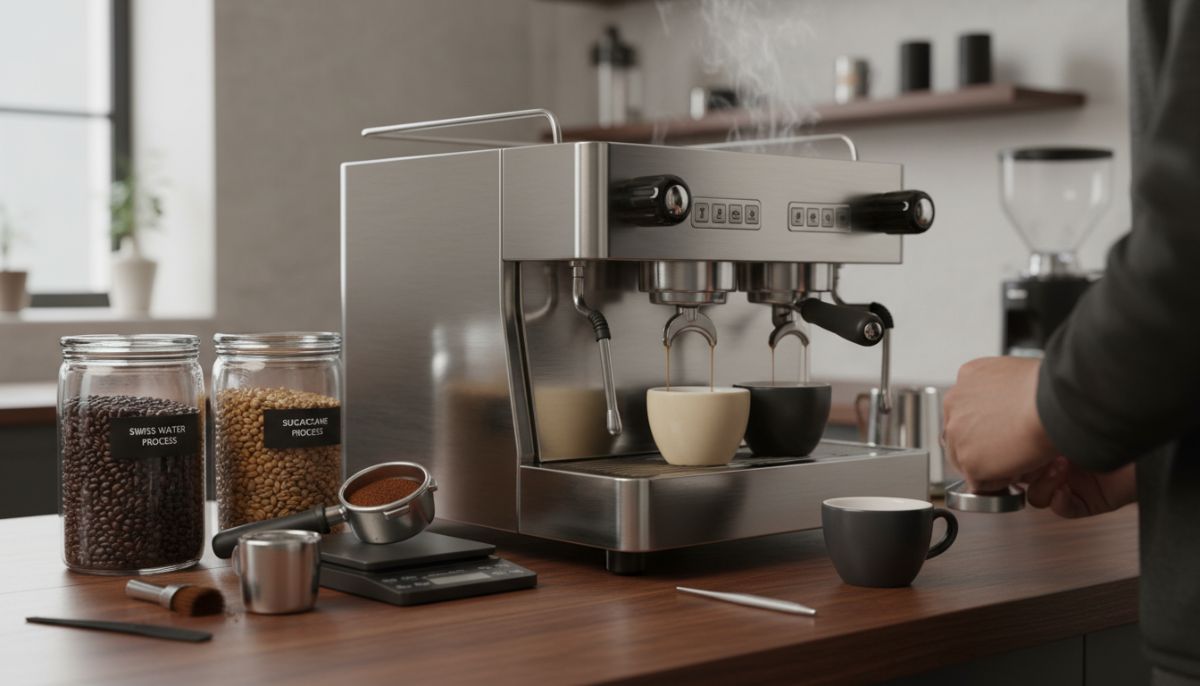 Close up of a naked portafilter brewing decaf espresso, showing dark crema and proper extraction flow.