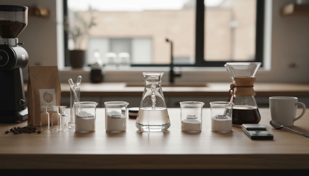 Barista pouring clear mineral concentrate from a glass bottle into a carafe of distilled water with a precision scale and Epsom salts in the background.