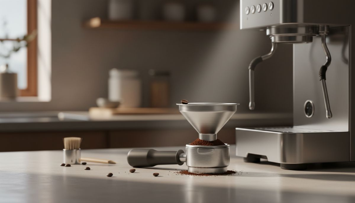 Magnetic stainless steel dosing funnel attached to a portafilter filled with fresh coffee grounds on a clean espresso station.