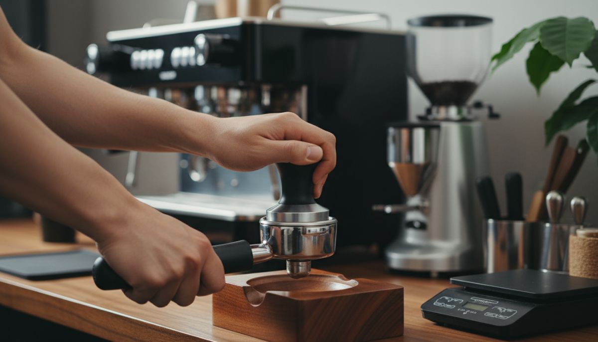 Close up of a barista using a palm tamper on a portafilter with a neutral wrist position, demonstrating proper ergonomic form.