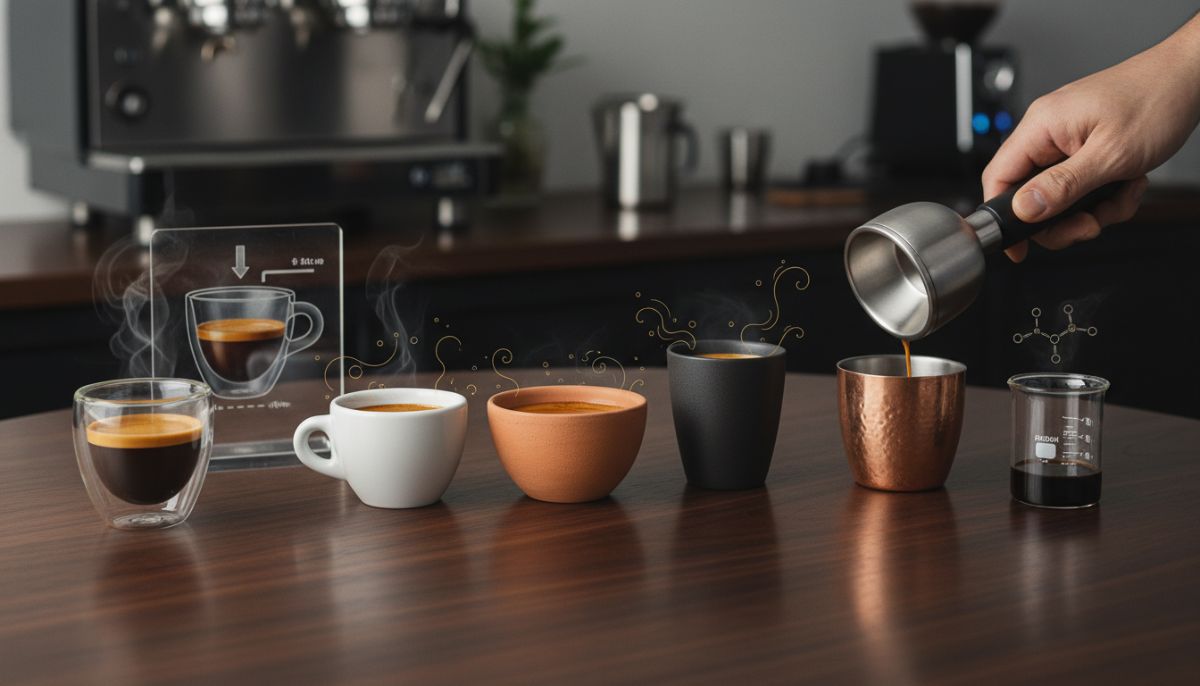 A cross-section comparison of a thick-walled porcelain espresso cup and a double-walled glass cup sitting on a wooden counter.