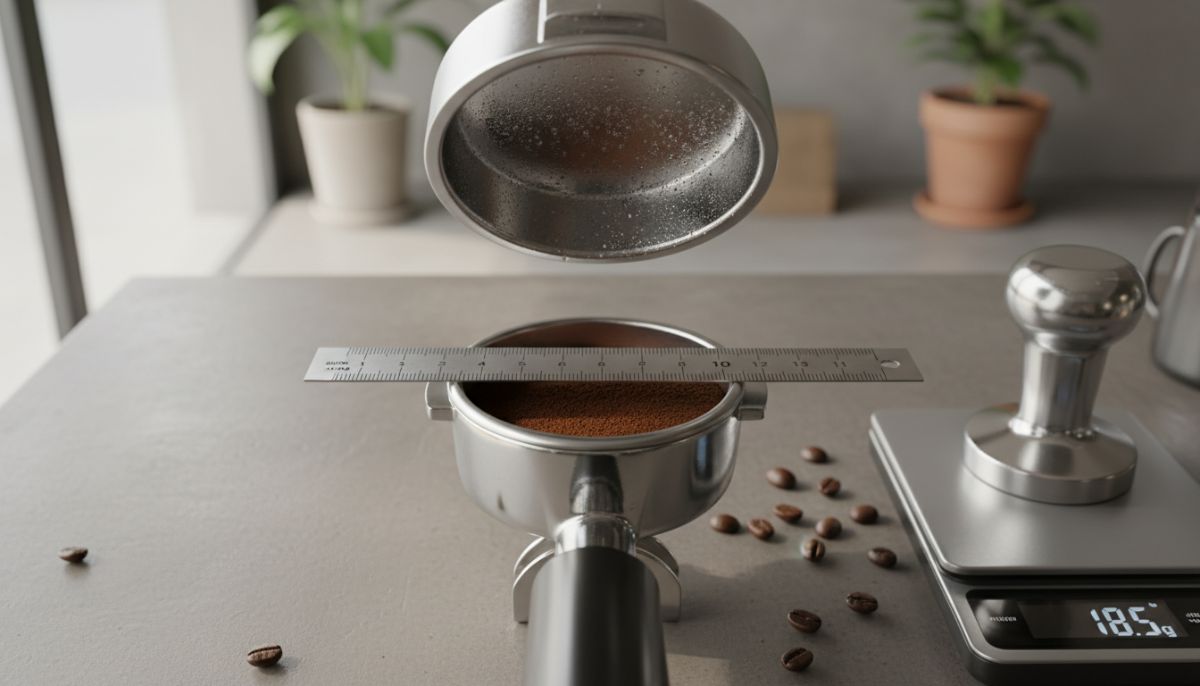 Close-up of a portafilter basket with a nickel resting on a tamped coffee puck to test espresso headspace.