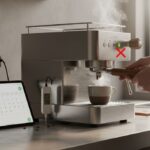 A stainless steel E61 espresso machine group head with steam rising, indicating thermal readiness.