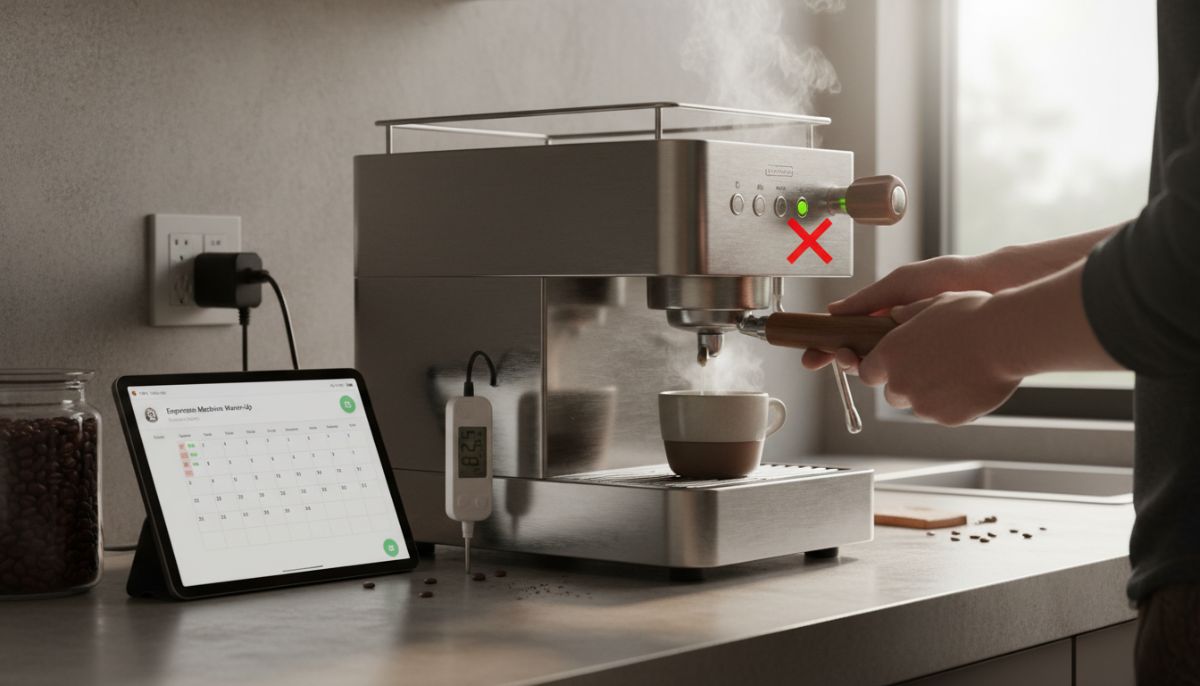 A stainless steel E61 espresso machine group head with steam rising, indicating thermal readiness.