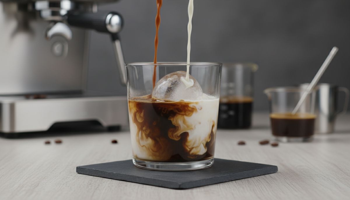 Barista pouring a hot espresso shot directly over large clear ice cubes in a glass, demonstrating the separation of layers and crema preservation.