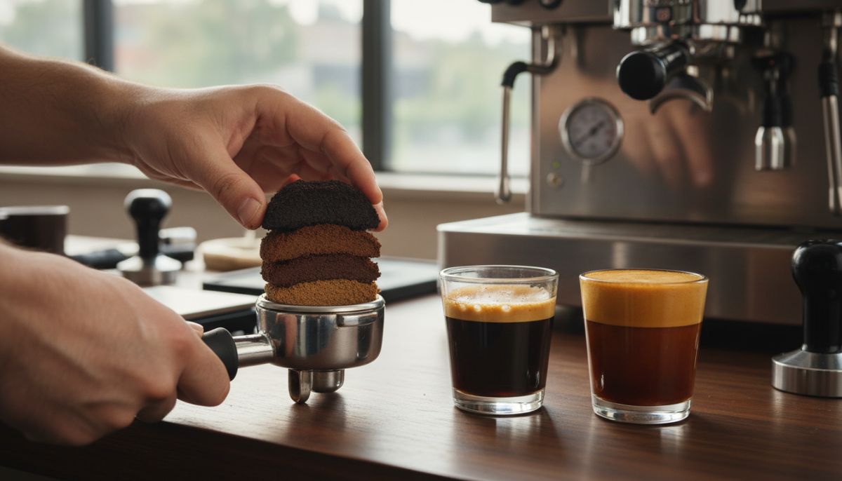 Close up of an espresso bottomless portafilter showing a thin, blonding stream indicative of over-extraction