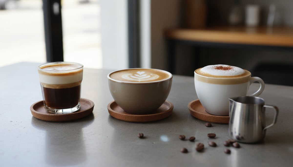 Cross-section comparison diagram showing the foam depth and milk ratios of a Cortado, Flat White, and Cappuccino side by side.