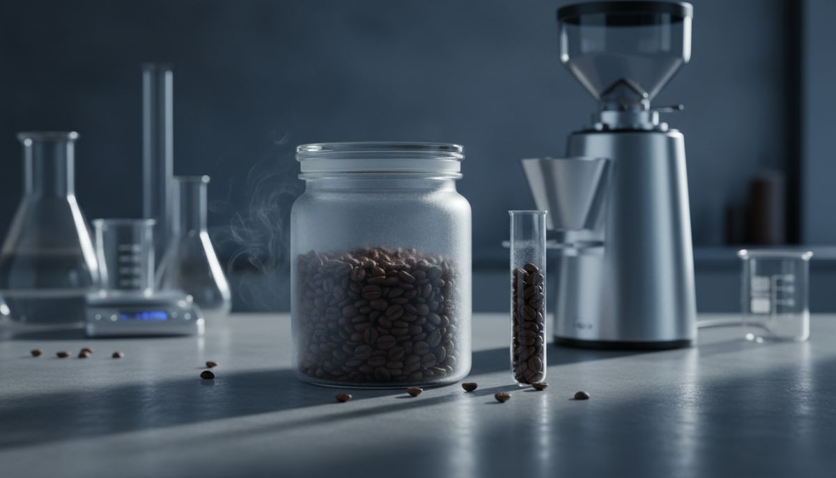 A set of single-dose coffee beans stored in 50ml centrifuge tubes placed on a wooden counter next to a burr grinder.