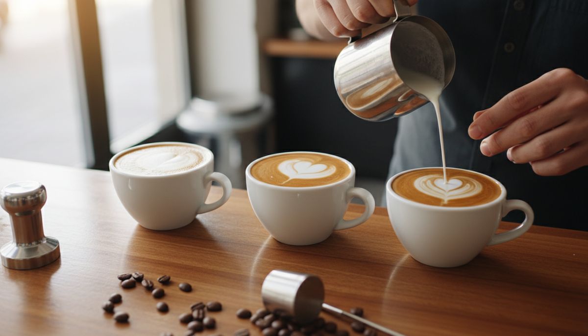 Barista pouring a heart latte art design, showing the close distance between the stainless steel pitcher spout and the espresso crema in a ceramic cup.