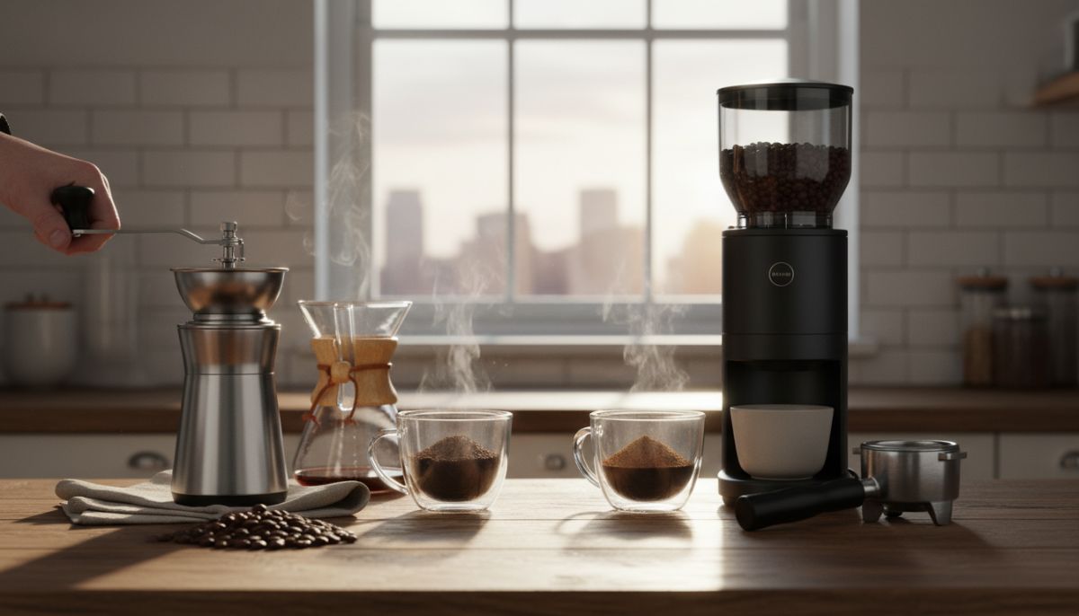 Barista comparing a stainless steel manual coffee grinder next to a large electric espresso grinder on a wooden counter.