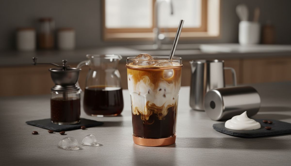 Glass of iced latte with coffee ice cubes and milk swirl on a wooden table