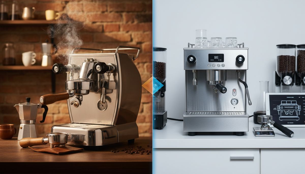 Split view of an Italian chrome espresso machine interior vs a tidy German stainless steel boiler layout