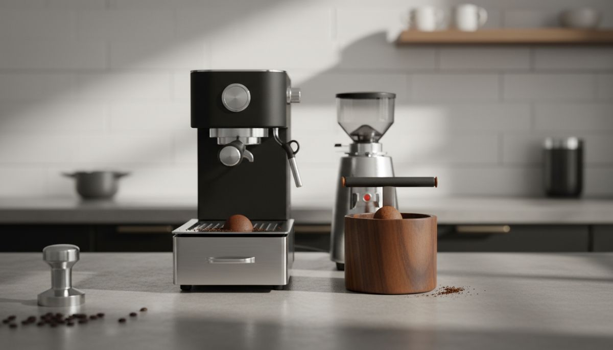 Stainless steel drawer style knock box sitting under a coffee grinder next to a black cylindrical open style knock box on a wooden counter.