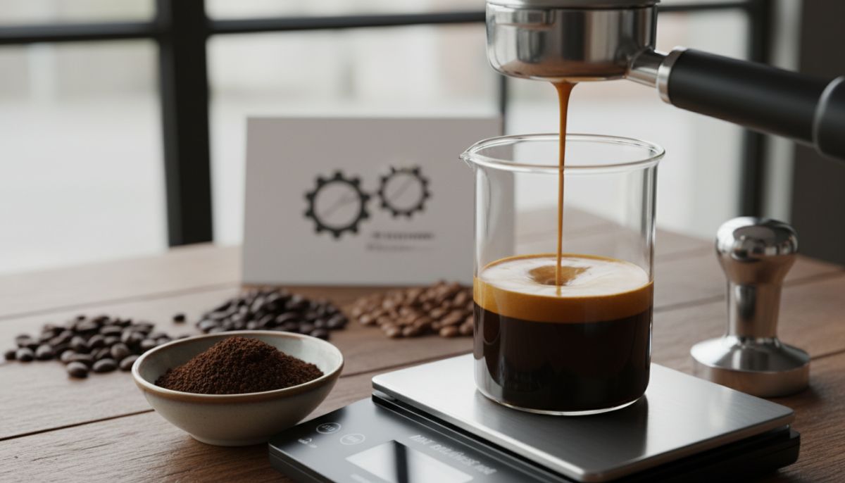 A close-up of a digital scale under an espresso cup showing 36 grams of liquid yield with a rich crema, illustrating a perfect 1:2 ratio.