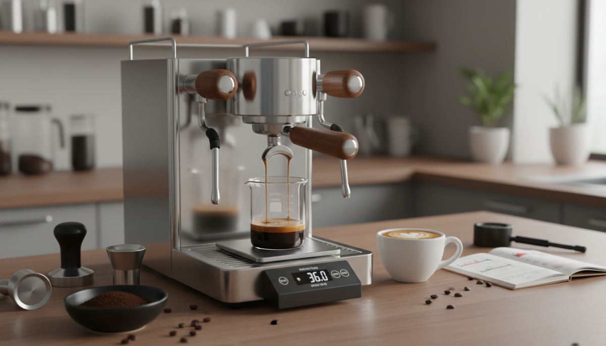 A digital coffee scale on an espresso machine drip tray displaying a timer and weight of 36.0g with a shot of espresso being poured.
