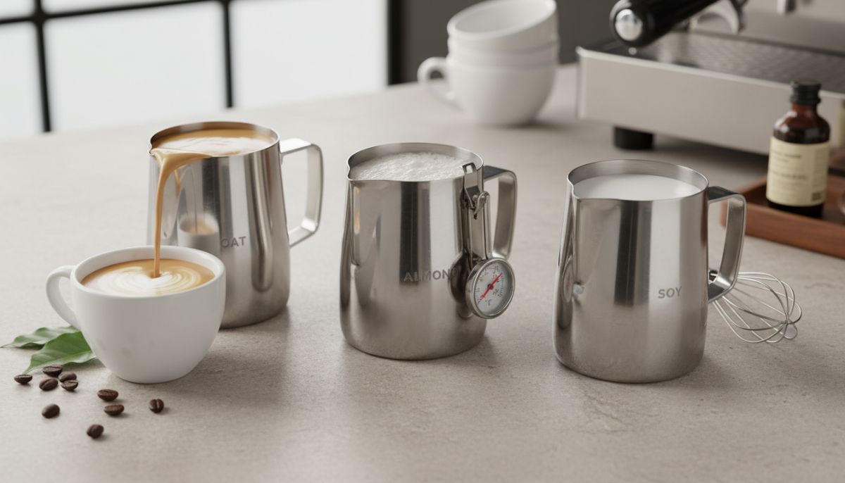 Barista pouring latte art with steamed oat milk into a ceramic cup, showing glossy microfoam texture.