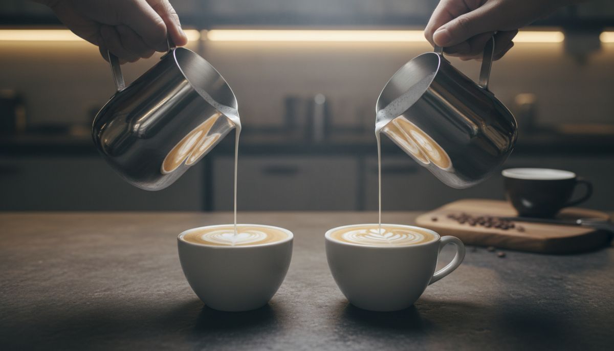 Stainless steel milk pitcher with sharp spout pouring steamed milk into a ceramic espresso cup