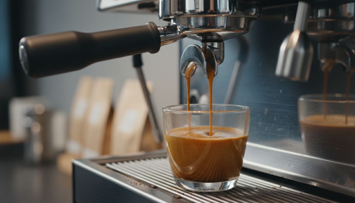 Close up of a naked portafilter extracting espresso with a golden tiger-stripe pattern flowing into a glass cup