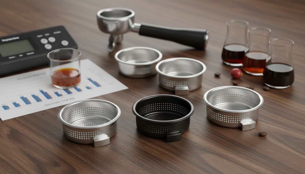 Close up comparison of VST punched holes versus Weber Unibasket laser cut hole pattern held against light