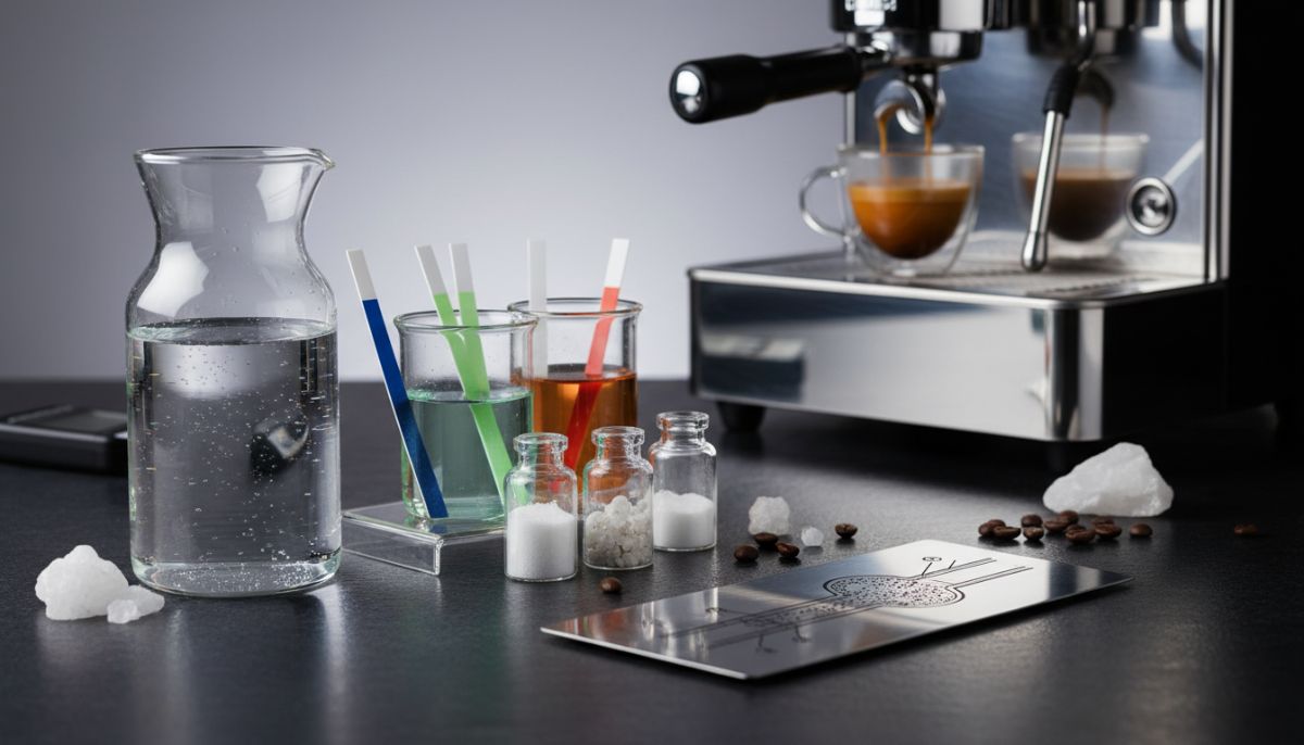 Glass beaker with clear water and mineral concentrates next to a portafilter and espresso puck