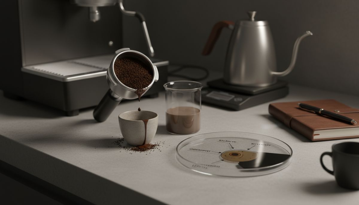 Close up of a dark espresso crema showing signs of overextraction in a white ceramic cup