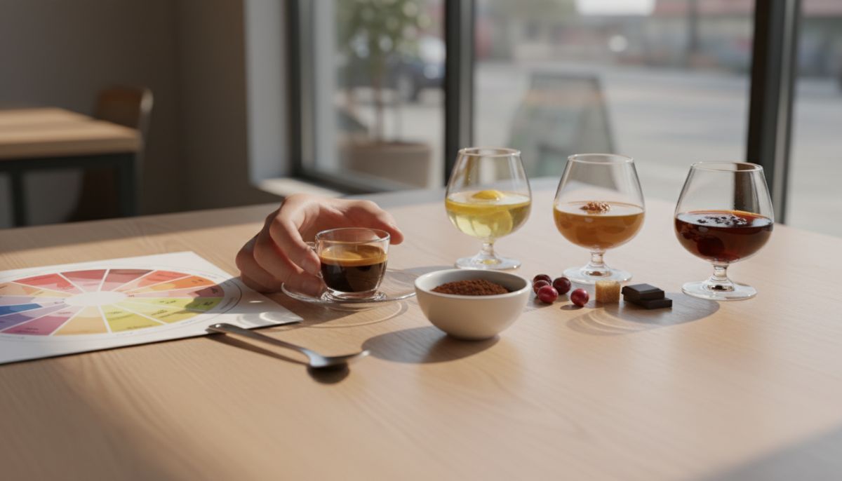 Barista holding a demitasse cup smelling the aroma of freshly brewed espresso for sensory analysis