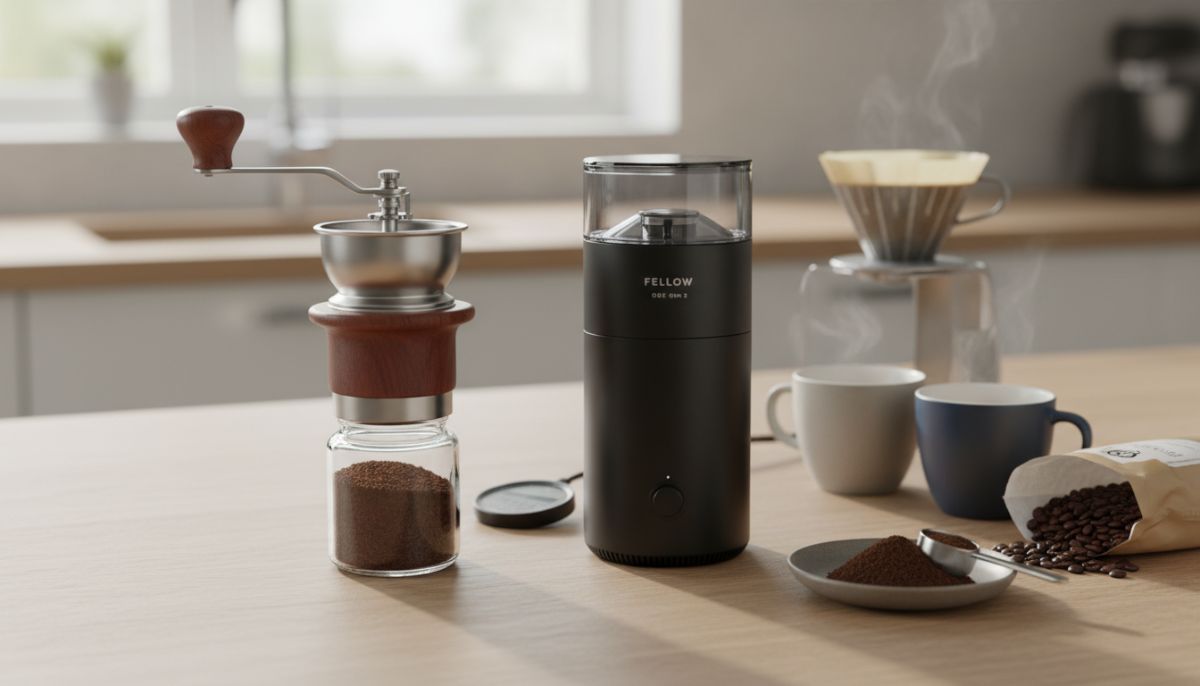 A side-by-side comparison of a premium metal hand grinder and a modern electric coffee grinder on a wooden countertop with coffee beans.