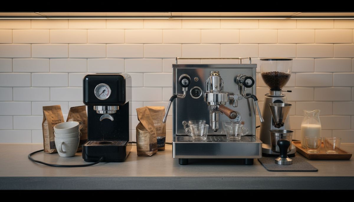 Stainless steel prosumer espresso machine with E61 grouphead sitting next to a plastic appliance grade coffee maker.