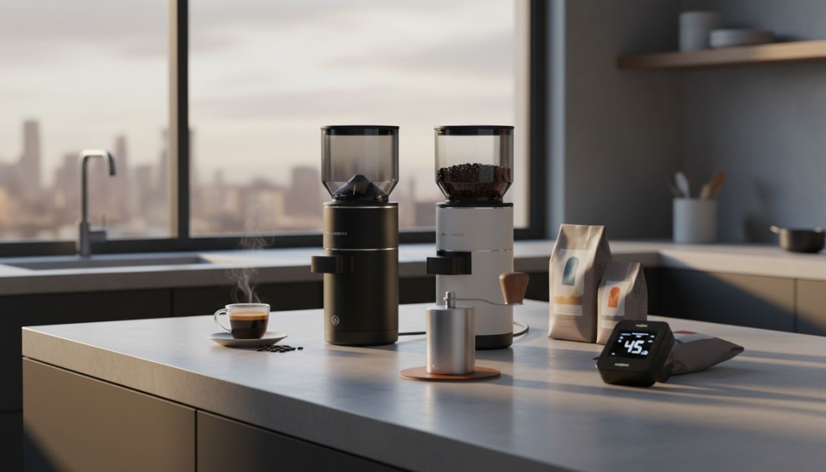 A sleek, heavy-duty electric coffee grinder sitting on a rubber mat in a dimly lit, quiet morning kitchen.