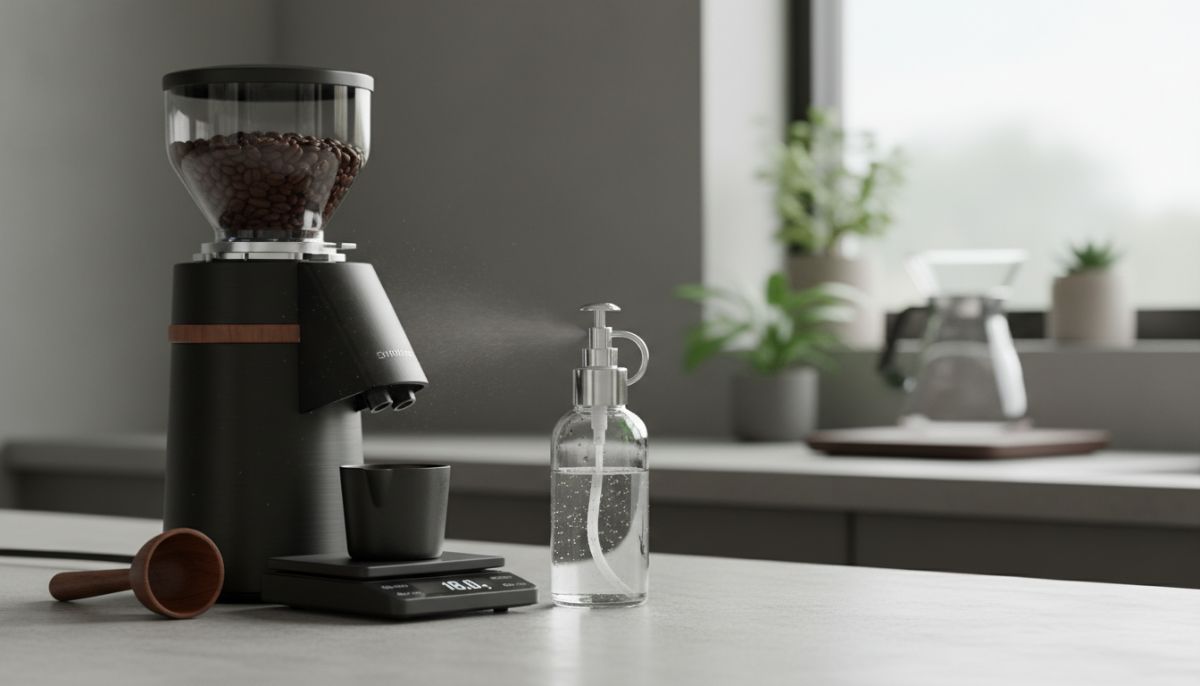 A close-up of a small spray bottle misting water onto whole coffee beans in a dosing cup to demonstrate the Ross Droplet Technique.