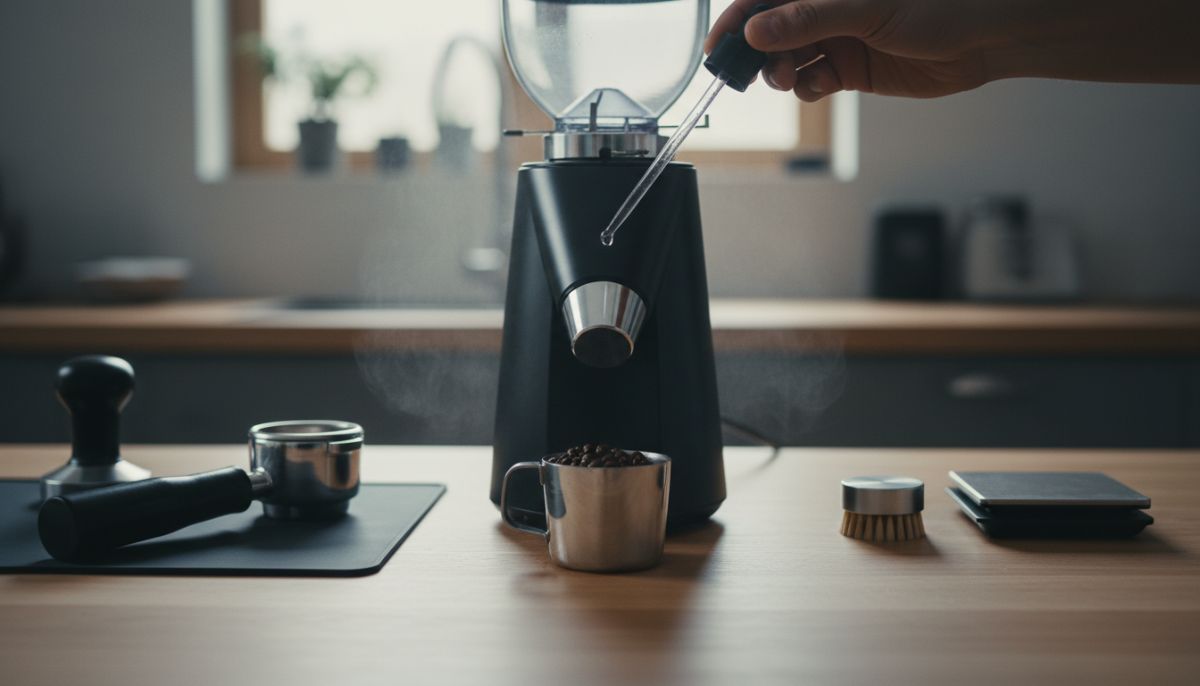 Barista using a small spray bottle to mist coffee beans before grinding to prevent static