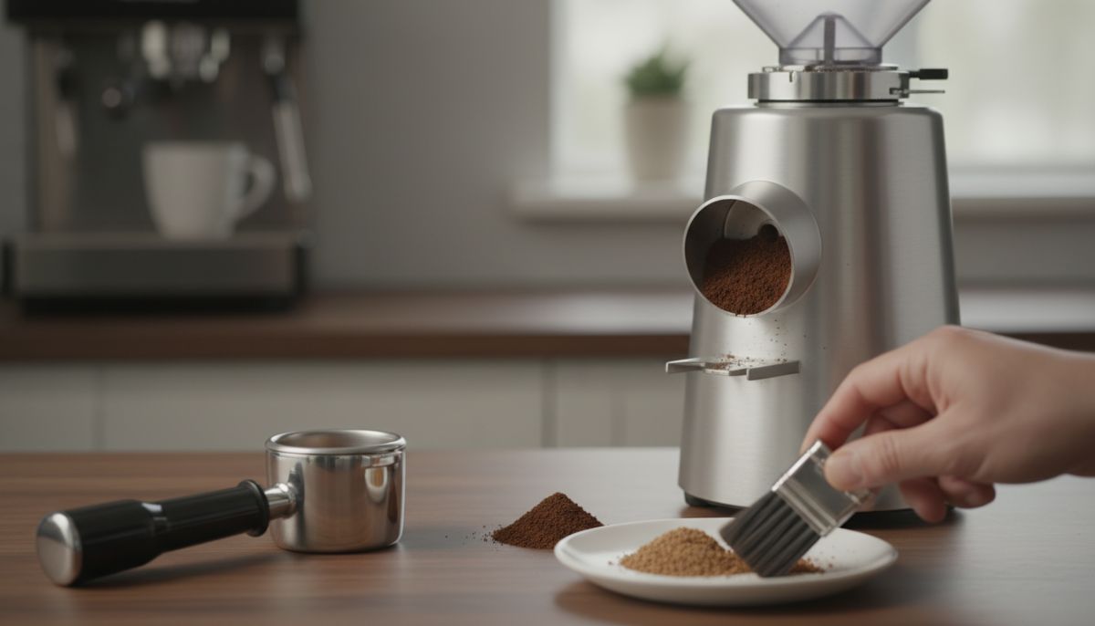 Barista purging stale coffee grounds from an electric espresso grinder into a knock box