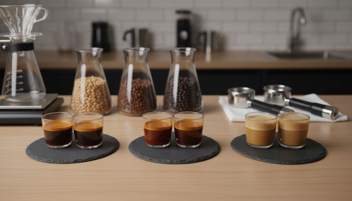 Side by side comparison of a short Ristretto shot with dark crema and a taller Lungo shot with lighter crema on a wooden coffee bar.