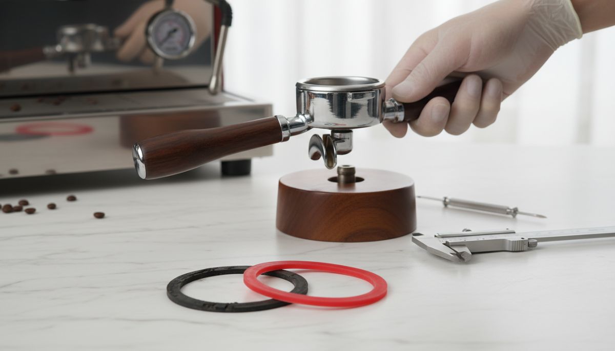 Comparison of a flexible red silicone group gasket next to a cracked, hardened black rubber gasket on a workbench.