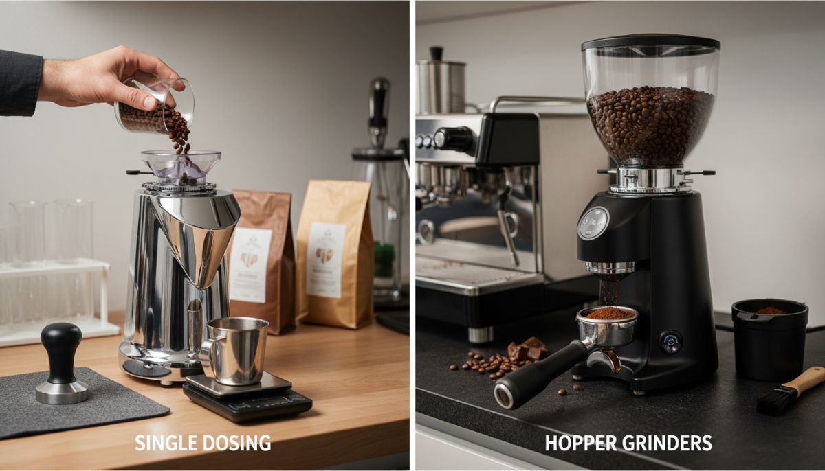 Split image showing a single dose grinder with a dosing cup and scale on the left versus a hopper grinder full of beans on the right, highlighting the workflow difference.